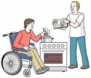 Ein Mann im Rollstuhl und ein Mann ohne Rollstuhl kochen zusammen.