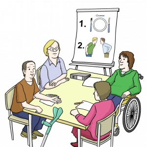 Vier Menschen mit Behinderung sitzen um einen tisch. Im Hintergrund ist ein Flip-Chart.