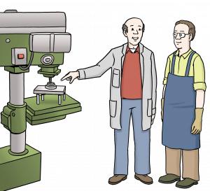 Zwei Männer stehen an einer Maschine. Der eine erklärt dem anderen etwas.