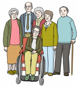Es sind sechs alte Menschen abgebildet. Eine Person sitzt im Rollstuhl.