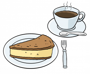 Ein stück Kuchen, eine Tasse Kaffe und Gabel und Löffel