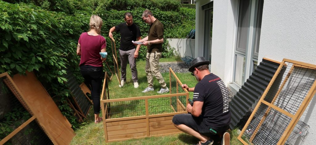 Vier Menschen bauen einen Hasenstall im Garten