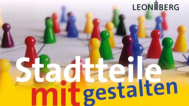Plakat mit vielen bunten Spielfiguren, dem Logo von Leonberg und dem Schriftzug "Stadtteile mitgestalten"